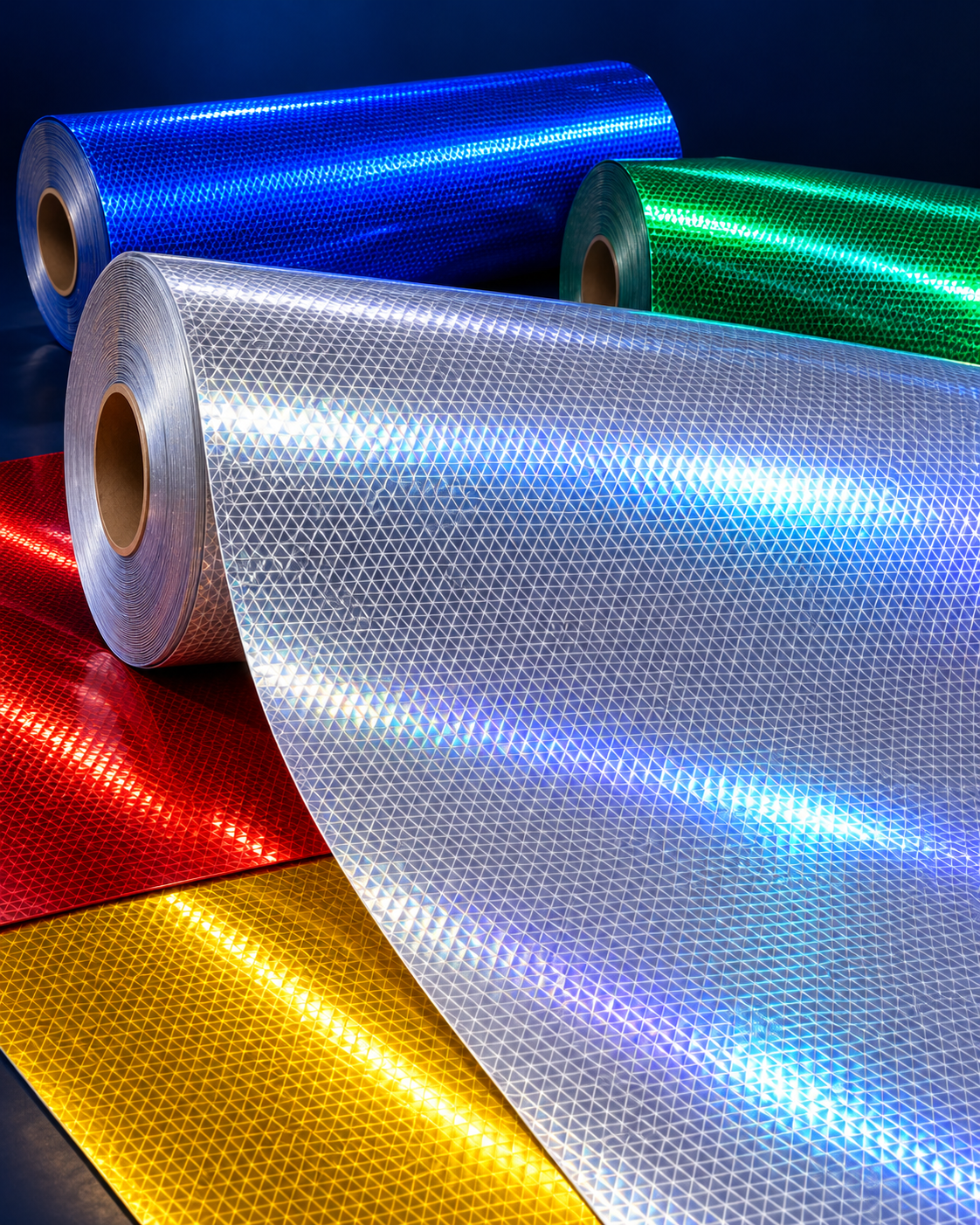 Illustrative broad industrial reflective sheeting rolls with visible prism texture